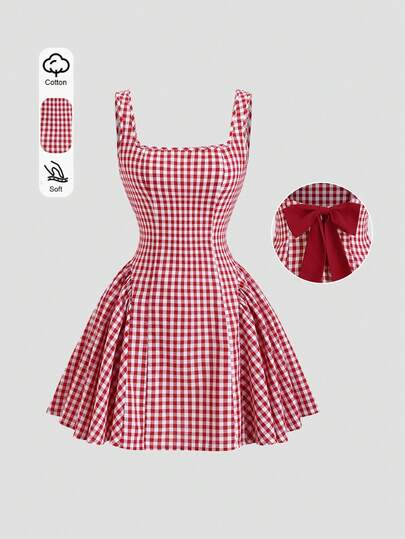 Sweetra Vestido corto de estilo francés dulce con diseño de cuello cuadrado pequeño retro a cuadros rojos, ajustado a la cintura, estilizador, sexy con espalda descubierta, para vacaciones de verano, con decoración de lazo, versátil, elegante, estilo romántico para fiestas para mujeres