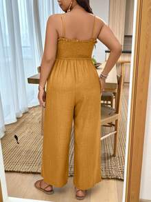 Weeklong Plus Size Women Textured Fabric Jumpsuit With Spaghetti Straps, Suitable For Vacation - Yellow - View 2