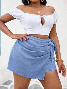 SHEIN SXY Plus Size Denim Shorts, Casual Fitted Patchwork Shorts, Blue Jorts - Light Wash - View 5