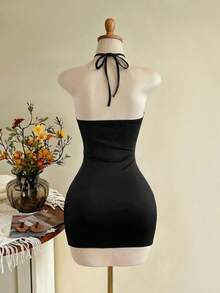 Elamini Women's Metal Ring Decor Halter Mini Dress - Black - View 8