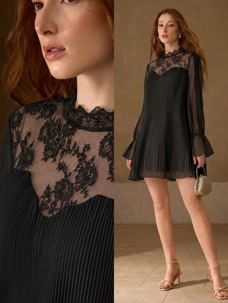 WOMEN'S ROMANTIC ELEGANT CONTRAST LACE LONG SLEEVE MINI DRESS, SPRING/SUMMER