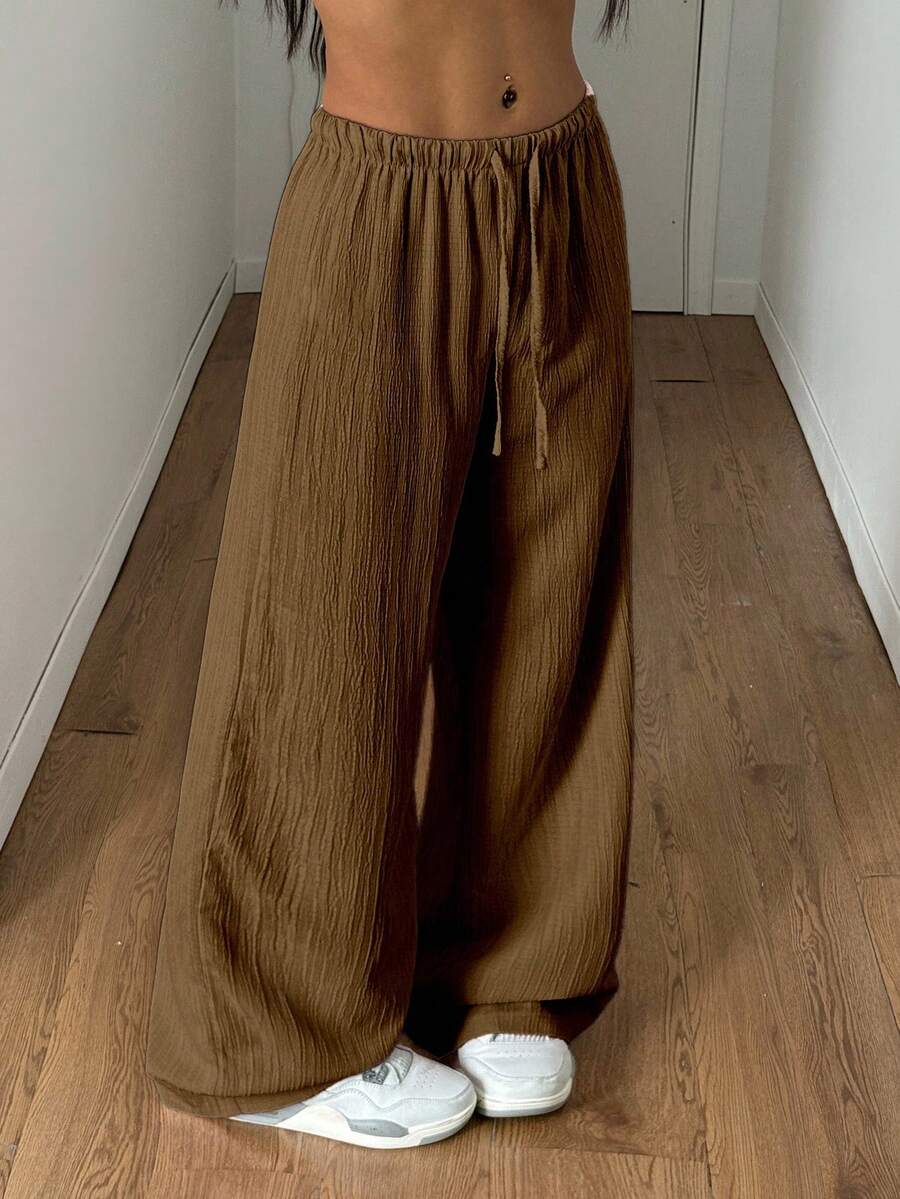 StreetHx Petite Women's Summer Textured Straight Leg Pants - Coffee Brown - View 1