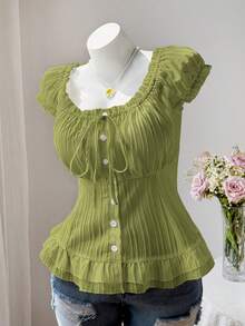 Sweetra 可爱休闲花瓣袖收腰纽扣短袖夏季衬衫 - 綠色 - 查看 3