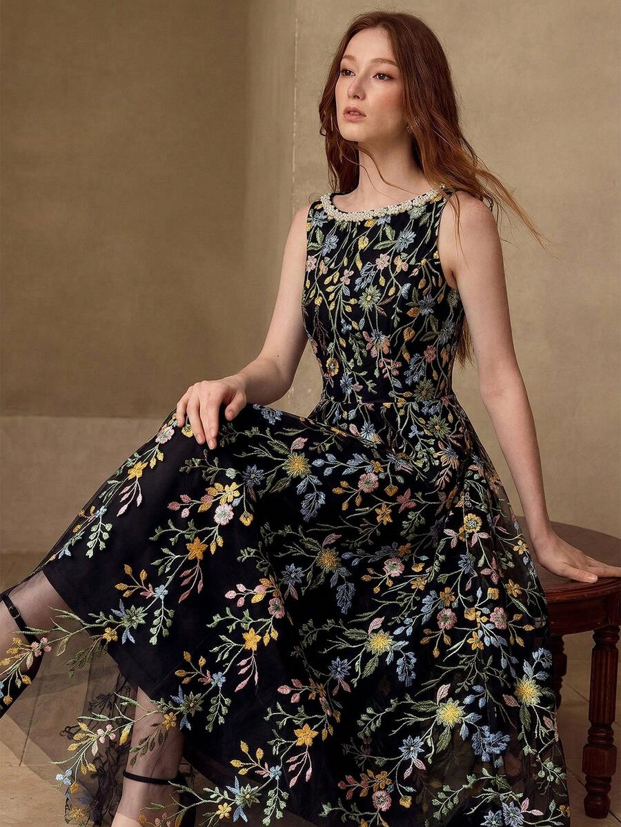 MOTF PREMIUM WOMEN'S EMBROIDERY MESH FLORAL PATTERN ROMANTIC DATE SLEEVELESS LONG DRESS, SPRING/SUMMER - Black - View 1