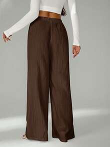 SHEIN Tall Loose Drawstring Waist Trousers In Textured Crinkle Fabric - Chocolate Brown - View 3
