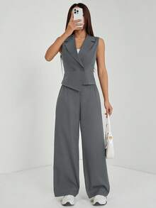 SHEIN PETITE Bộ đồ thu đông hai mảnh (2 món) dành cho nữ, gồm áo không tay và quần, màu trơn. - Xám - Xem 3