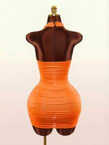 Amplova Women's Orange Pleated Fitted Halter Mini Dress Club Summer,Summer Dresses For Women - Orange - View 2