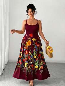 Elenzga Women's Plus Size Burgundy Summer Boho Vacation Holiday Elegant Ditsy Floral Sleeveless Midi Cami Dress,Mexican Beach Sundress Birthday Evening Gown - Burgundy - View 1