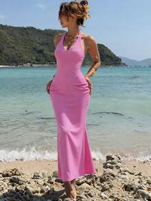 DAZY Women's V-Neck Bodycon Maxi Wrap Dress Summer Sundress - Red - View 6