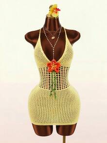 Amplova Đầm ôm sát gợi cảm kiểu Y2K cổ chữ V sâu, hở lưng, dây buộc chéo, phối hoa, có họa tiết tương phản. - Màu vàng - Xem 3