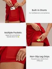 GLOWMODE Falda de entrenamiento con control de abdomen, cintura alta y volantes en forma de V, con pantalones cortos incorporados, de 4.5 pulgadas, cómoda, elástica y de 360°, para tenis, golf y uso diario en primavera y otoño, de secado rápido - Rojo - Ver 3