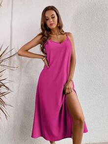Breezaya Đầm maxi hai dây xẻ đùi, lưng thấp, thích hợp cho kỳ nghỉ biển, trang phục nữ. - Màu Hồng Tươi - Xem 5