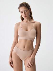 SHEIN Conjunto de lencería de sostén y panty sin costuras y sin adornos - Caqui - Ver 3