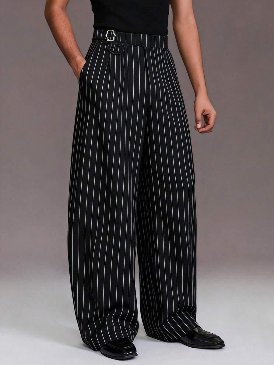 STYNVO Quần ống đứng dáng rộng, họa tiết kẻ sọc, túi xéo, dành cho nam giới, thích hợp mặc đi làm hàng ngày. - màu đen - Xem 1