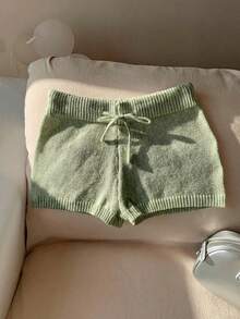 Comfortcana Bộ áo len và quần short cạp cao màu trơn có dây rút, kiểu dáng thường ngày, thích hợp cho mùa thu/đông. - màu xanh lá - Xem 4