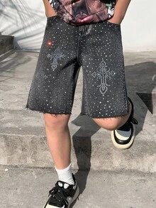 SHEIN 青少年男孩時尚返校街頭風混搭百搭設計 Y2K 復古酷炫閃亮十字水鑽設計黑色寬鬆牛仔短褲 兒童男孩柔軟日常穿搭 秋季或冬季返校返校派對狂歡節海灘街頭風校園水鑽短褲閃亮牛仔短褲 - 黑色 - 查看 4