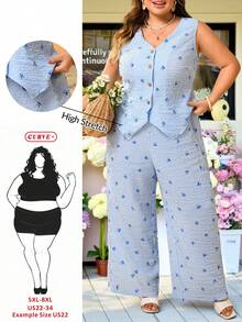 SHEIN CURVE+ Curve 尺码 US22 音乐节、海滨度假、波西米亚风女士休闲假日蓝白条纹+蝴蝶结印花两件套，适合日常穿着，春夏皆宜，无袖上衣和长裤两件套，绉纱无弹力全条纹印花面料，简约时尚休闲，适合通勤和度假日常穿着，无袖背心套装，女士度假套装，女士夏季套装，女士两件套，复活节岛度假套装 - 藍色 - 查看 1