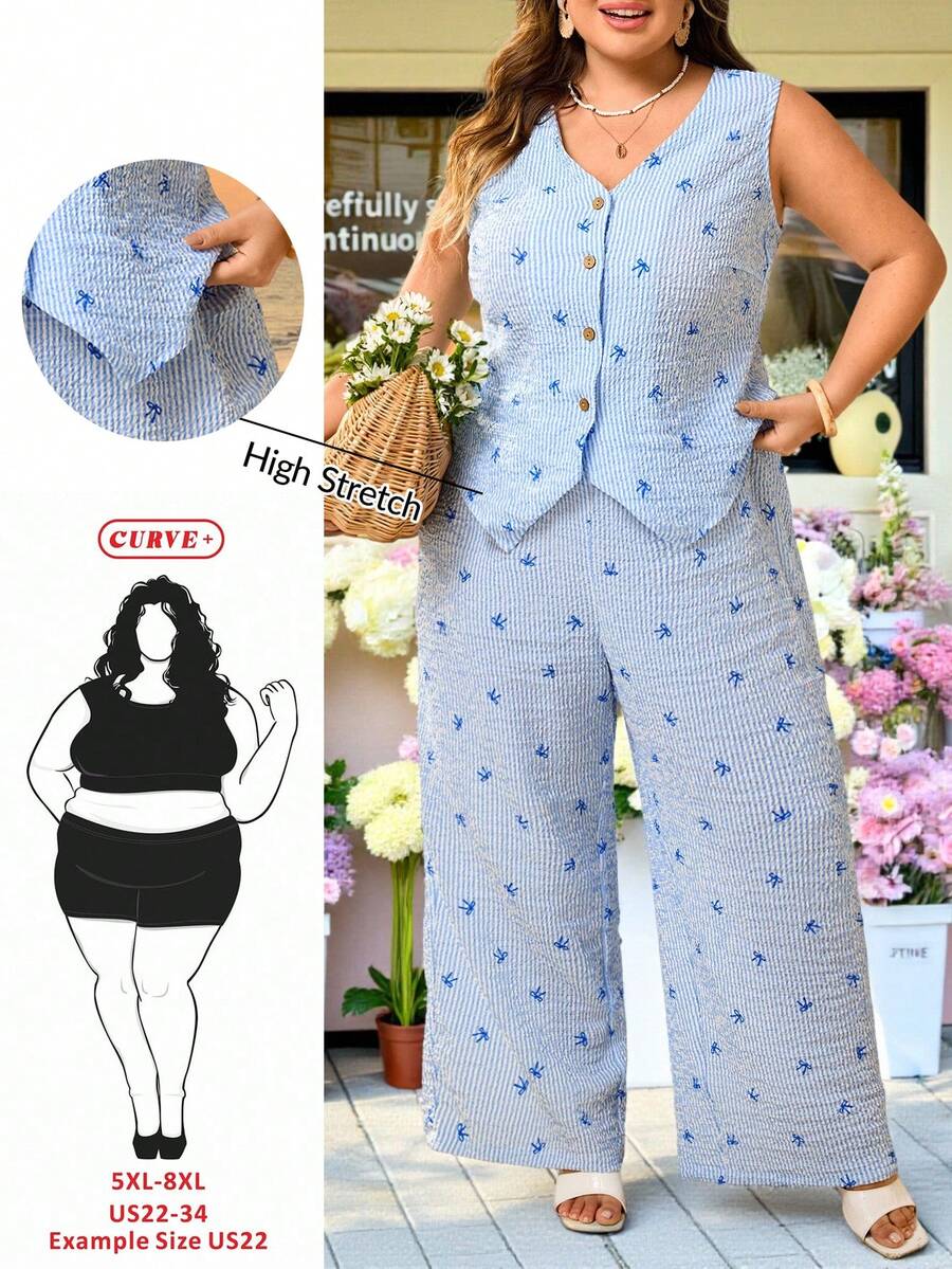 SHEIN CURVE+ Curve 尺码 US22 音乐节、海滨度假、波西米亚风女士休闲假日蓝白条纹+蝴蝶结印花两件套，适合日常穿着，春夏皆宜，无袖上衣和长裤两件套，绉纱无弹力全条纹印花面料，简约时尚休闲，适合通勤和度假日常穿着，无袖背心套装，女士度假套装，女士夏季套装，女士两件套，复活节岛度假套装 - 藍色 - 查看 1