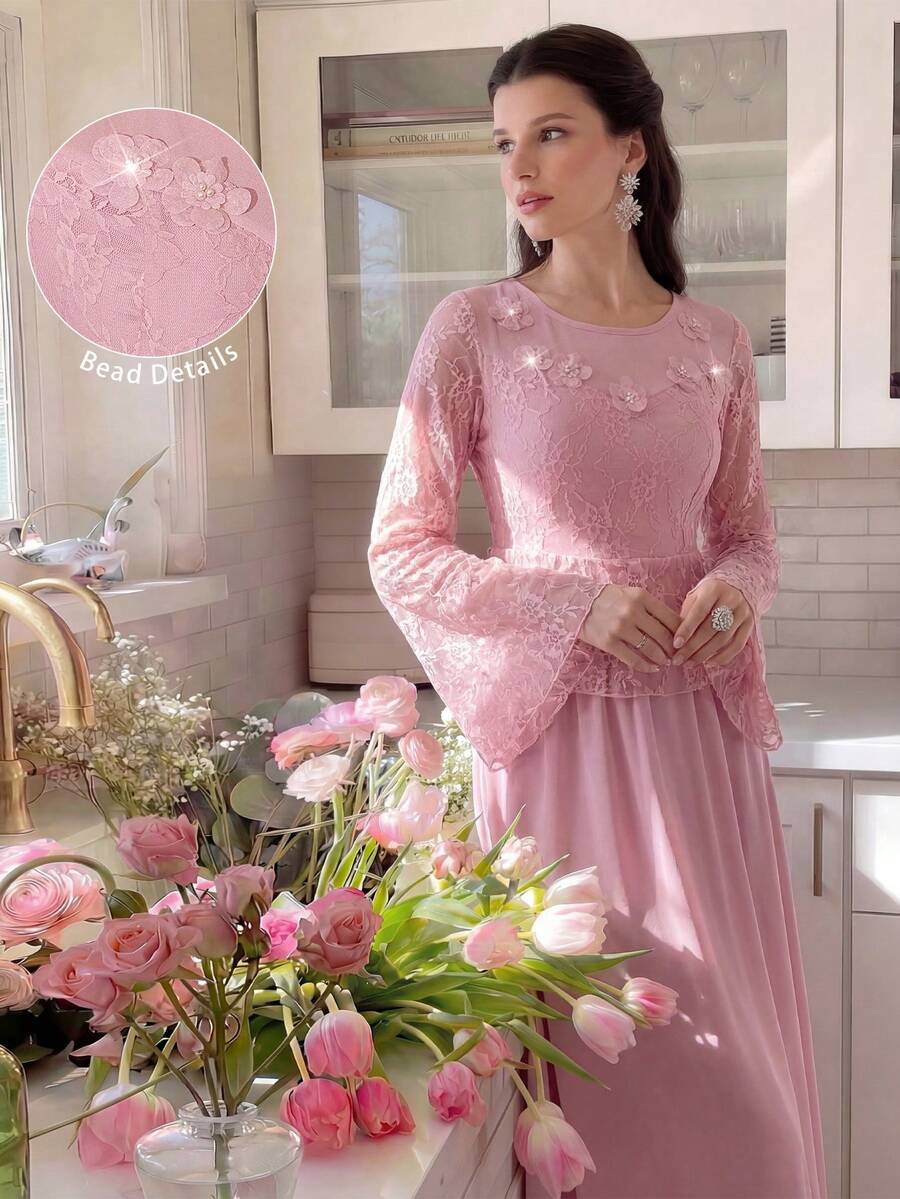 Modelyn Spring & Summer Pink Round Neck 3D Floral Lace Patchwork Flare Sleeve Dress, Elegant For Women