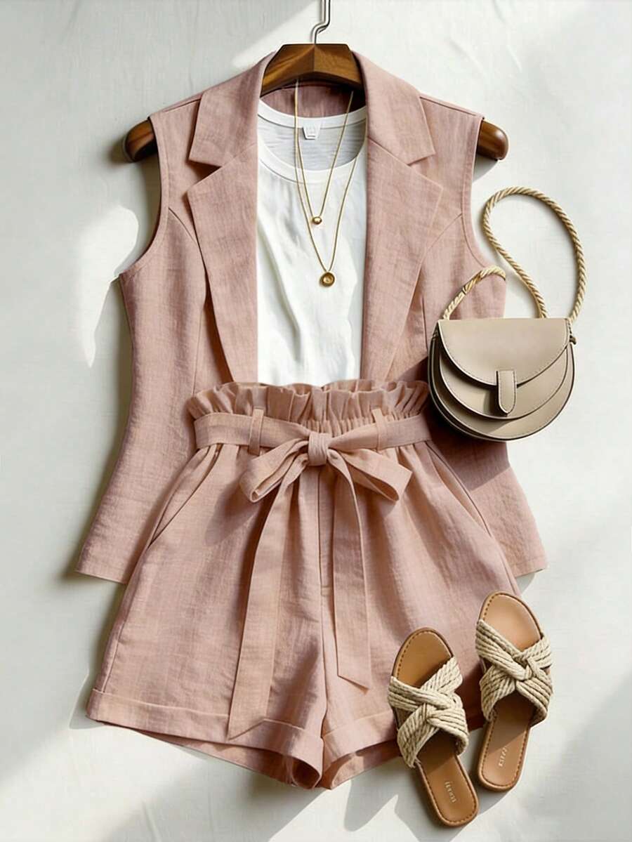 Franclia Women's Elegant Dusty Pink Summer 2 Pieces Set,Ruffled Tie-Waist Shorts,Loose Fit Blazer Shorts Set,Chic Holiday Vacation Holiday Outfit For Women - Pink - View 1