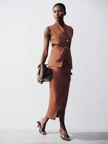 Aveloria Modichic Women's Elegant Suit Set Shades Of Brown,Summer,Casual,Bissness Office Attire Shawl Lapel Metal Button Leather Belt Slit Skirt Slim Fit Tailored Set - Brown - View 5