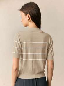 BizChic Women's Polo Collar Knit Top,Beige,Summer,Elegant And Classy,Everyday,Back-To-School,Business Casual Office Outfits,Versatile Retro Striped Blouses - Khaki - View 3