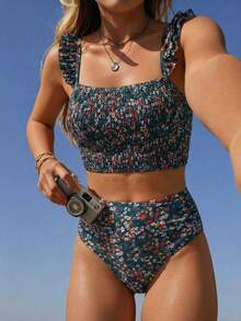 Swim Mod Conjunto de traje de baño con estampado floral diminuto para vacaciones en la playa - Multicolor - Ver 7