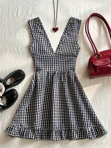 Glimmora Đầm midi nữ không tay kẻ caro đen trắng, kiểu dáng thường ngày. - Đen và trắng - Xem 2
