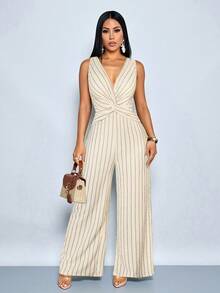 SOLERSUN Bộ jumpsuit không tay kẻ sọc cổ chữ V sâu, thắt nút xoắn, phong cách nghỉ dưỡng mùa xuân/hè thanh lịch dành cho nữ, thích hợp mặc hàng ngày khi đi nghỉ ở Hawaii. - Màu be - Xem 4