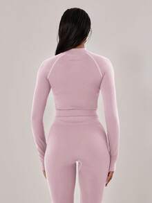 Musera Sport 缝线细节短款长袖全拉链上衣外套，适合板式网球、网球、匹克球等运动，秋冬季健身穿着。 - 藕粉色 - 查看 4