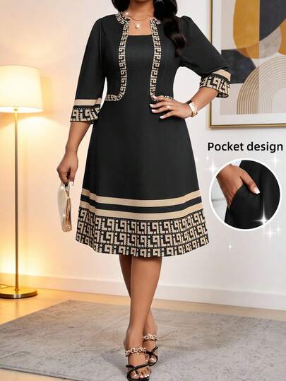 SHEIN Lady Vestido midi elegante de manga 3/4 con estampado geométrico para mujer de talla grande