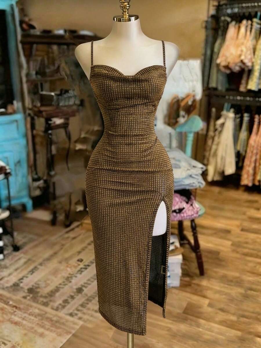 Franclia Đầm midi ôm sát xẻ tà, thanh lịch, gợi cảm dành cho nữ, họa tiết kẻ caro vàng. - Vàng - Xem 1