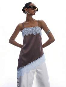 LYSMO Women's Solid Color Lace Patchwork Camisole - Brown - View 3
