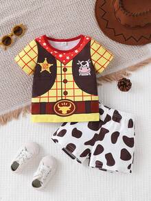 SHEIN Playful Pals 2件組 嬰幼兒男童可愛西部牛仔卡通圖案印花白色夏季短袖上衣與牛仔短褲套裝 生日穿搭 - 彩色 - 查看 3