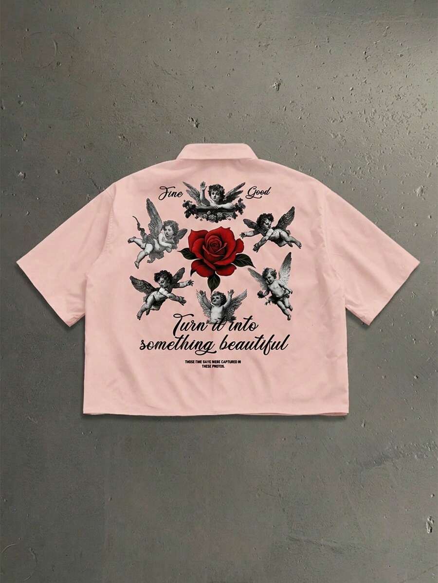 StoneGrade Camisa casual de manga corta con gráfico de letra y ángel para hombres - Rosa - Ver 1