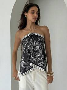 Aloruh Blusa de mujer elegante con cuello de halter, estampado de tinte anudado y gasa para playa y vacaciones - Negro - Ver 4