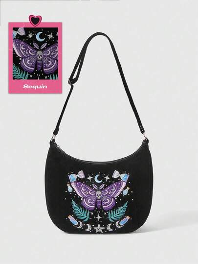 ROMWE Fairycore Flower Type: 1702008 High Quality Embroidery Thread Skull Moth Leaf Star Moon Magic Diablo Goth Shoulder Oblique Span Bag