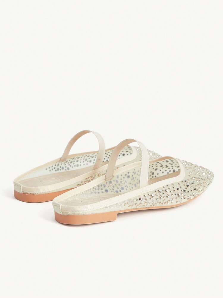 CUCCOO CHICEST Women Shoes Spring And Summer Fashion Beige Full Diamond Mesh Elastic Women Flat Mule Shoes Elegant When Comfortable And Cute Sweet Women Flat Shoes Half Slippers