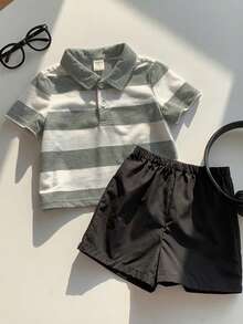 2pcs/Set Baby/Toddler Boy/Girl Black & White Striped Collar Short Sleeve Polo Shirt And Black Shorts Outfit, Comfortable Casual Chic Daily Wear, Suitable For Spring/Summer/Autumn/Winter, Indoor, Outdoor, Daily, Sports, Party, Photo Shoot, Festival, Streetwear, Christmas, New Year - Multicolor - View 4