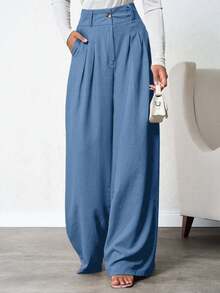 SHEIN Tall Pantalones de lino con pliegues profundos color beige para mujeres - Azul - Ver 5