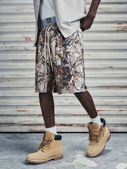 Modcrash Manfinity Streetrush 男士休闲树枝印花抽绳腰带口袋夏季短裤男士短裤迷彩男士短裤，复古美式，男女通用，宽松版型夏季服装 – 适合日常穿着和夏季度假服装。