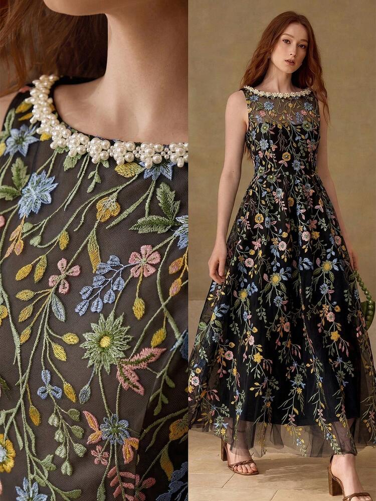 WOMEN'S EMBROIDERY MESH FLORAL PATTERN ROMANTIC DATE SLEEVELESS LONG DRESS, SPRING/SUMMER