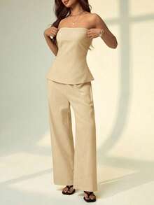 SHEIN PETITE Bộ 2 món áo quây và quần màu trơn dành cho nữ, kiểu dáng thường ngày. - Màu Khaki - Xem 8