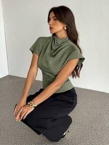 SHEIN Tall 领口不对称袖侧边褶皱收腰通勤竹麻面料女式衬衫，四季皆宜，巧克力棕色上衣 - 軍綠色 - 查看 7