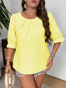 EMERY ROSE Striped Round Neck Cuff Tie Back Decorative Button Plus Size Women Shirt - Light Yellow - View 3