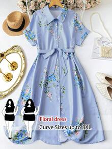 SHEIN CURVE+ Đầm dài tay kẻ sọc và hoa nhí bán chạy nhất dành cho nữ cỡ lớn, thiết kế thắt nơ ở eo, đa năng, phù hợp cho các dịp thường nhật, du lịch, đi làm, hẹn hò, dạo phố. - Nhiều màu - Xem 1