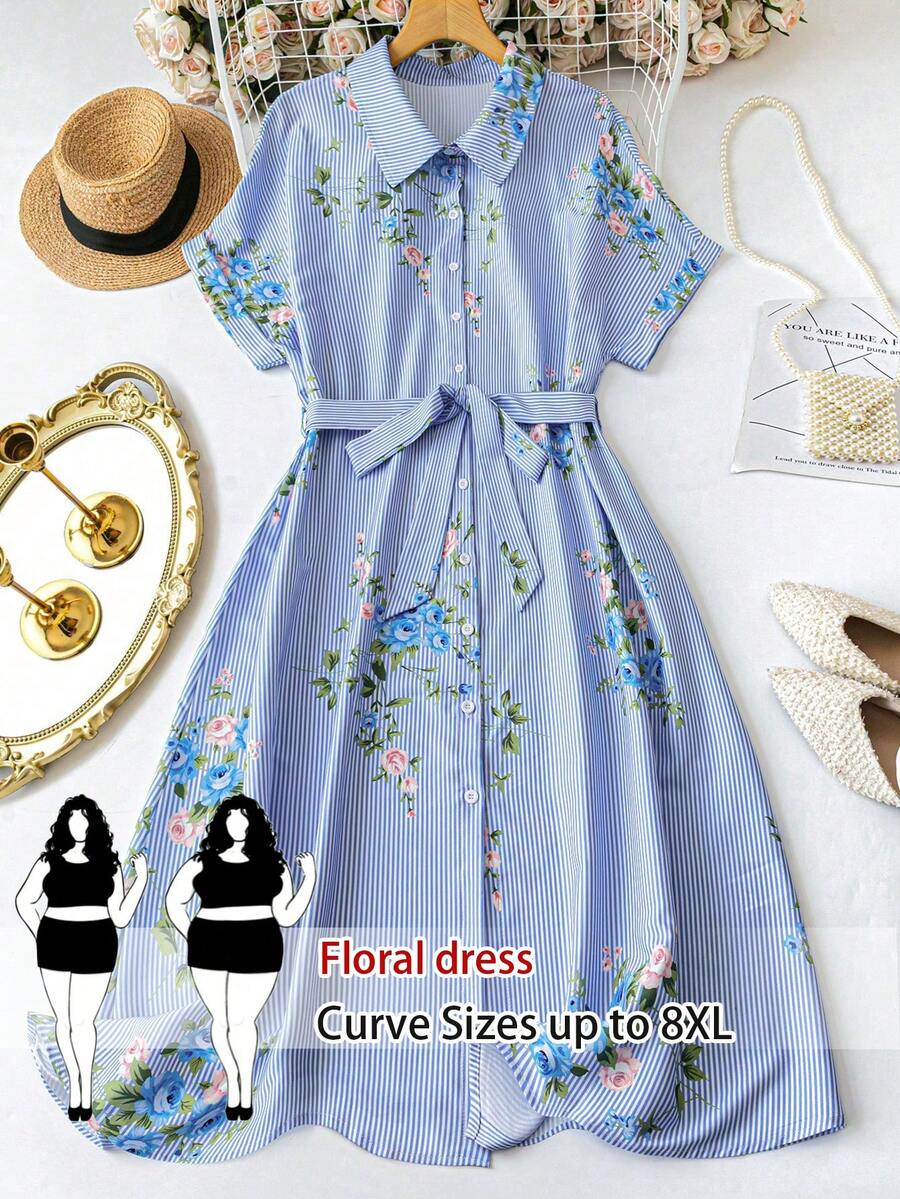 SHEIN CURVE+ Đầm dài tay kẻ sọc và hoa nhí bán chạy nhất dành cho nữ cỡ lớn, thiết kế thắt nơ ở eo, đa năng, phù hợp cho các dịp thường nhật, du lịch, đi làm, hẹn hò, dạo phố. - Nhiều màu - Xem 1