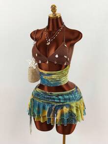 Amplova 2pcs/Set Halter Neck Crop Top & Low Waist Ruffle Hem Mini Skirt, Sexy Avant-Garde Boho Style Backless Details, Suitable For Holiday - Multicolor - View 12