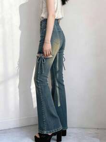 FRIFUL Quần jeans nữ ống loe buộc dây, kiểu dáng thường ngày, chất liệu vải denim mài, có lỗ thoáng khí. - Màu xanh lam - Xem 2