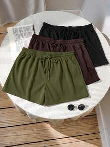 SHEIN EZwear Plus Size Women's Solid Color Drawstring Waist Loose Casual Shorts - Multicolor - View 1
